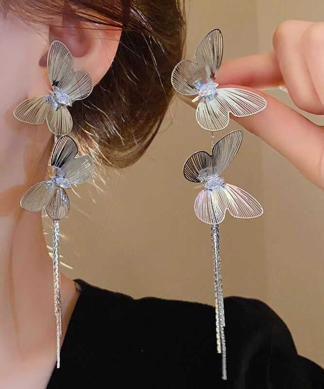 Oversize Gold Sterling Silver Overgild Butterfly Tassel Drop Earrings