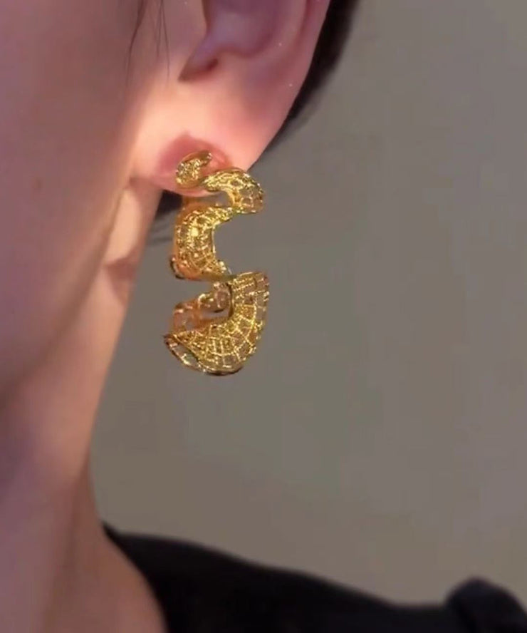 Oversize Gold Sterling Silver Overgild S-Shaped Hollow Out Hoop Earrings