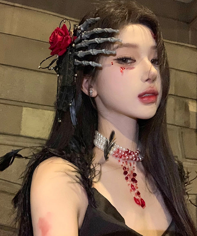 Oversize Red Rose Skeleton Hand Left Hand Hairpin