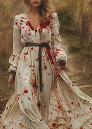 Pastoral Style V Neck Ruffled Patchwork Cotton Long Dress Spring