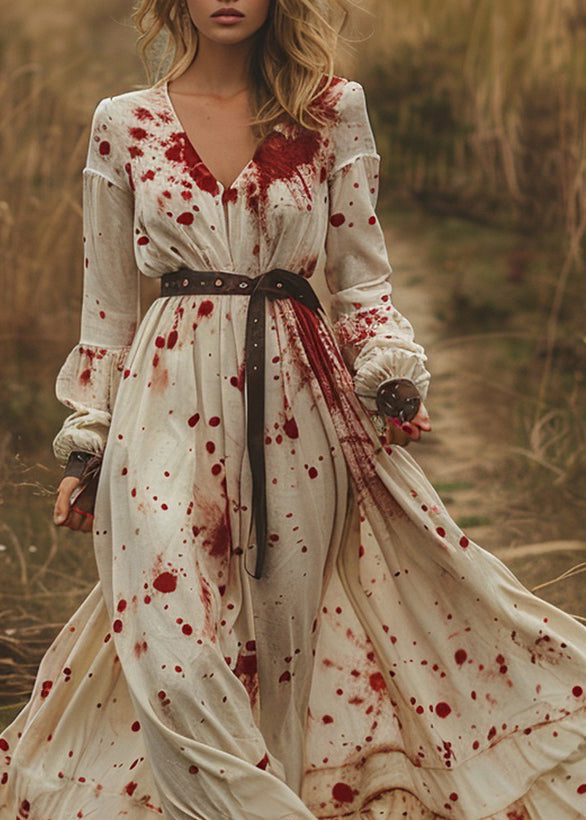 Pastoral Style V Neck Ruffled Patchwork Cotton Long Dress Spring
