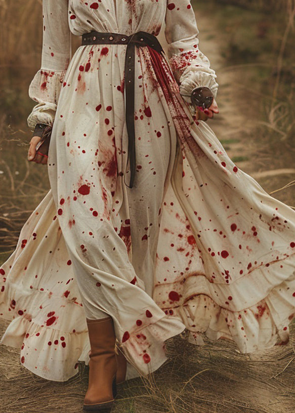 Pastoral Style V Neck Ruffled Patchwork Cotton Long Dress Spring