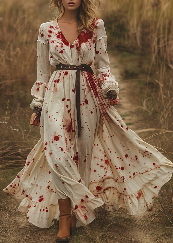 Pastoral Style V Neck Ruffled Patchwork Cotton Long Dress Spring