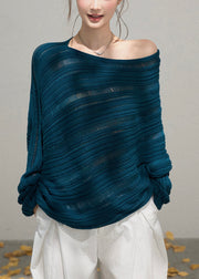 Peacock Blue Knit Sweaters Cold Shoulder Hollow Out Fall