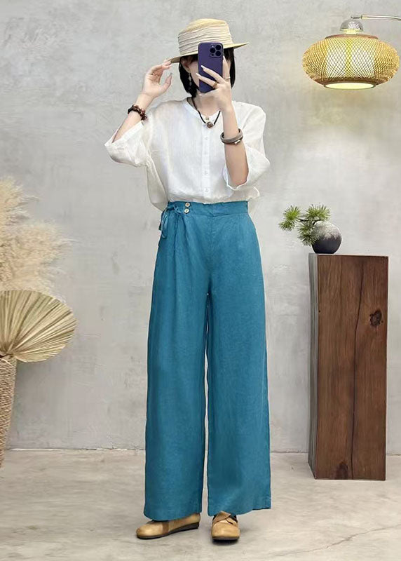 Peacock Blue Oversized Linen Wide Leg Pants Summer