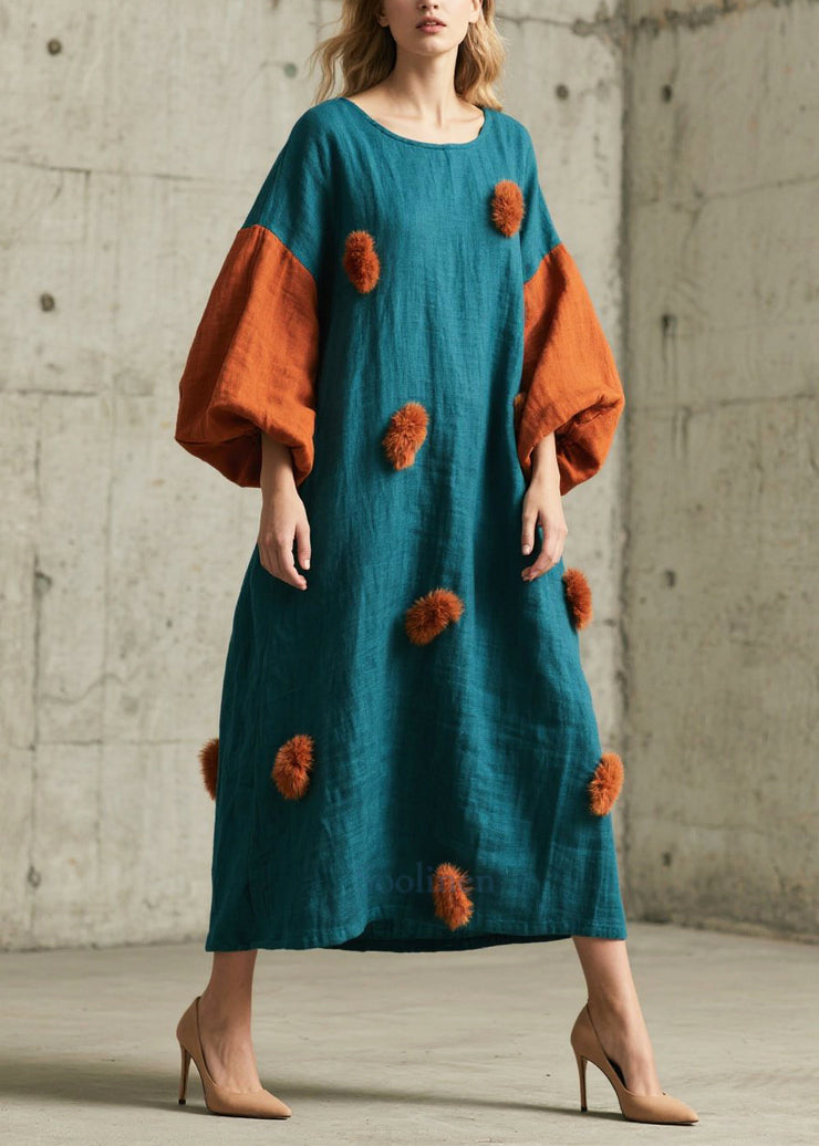 Peacock Blue Patchwork Dresses Oversized Fuzzy Ball Decorated Lantern Sleeve