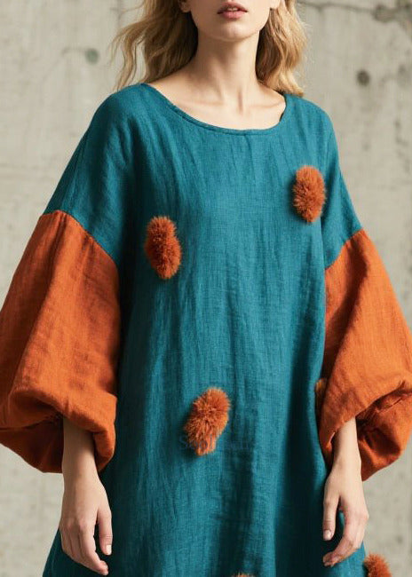 Peacock Blue Patchwork Dresses Oversized Fuzzy Ball Decorated Lantern Sleeve