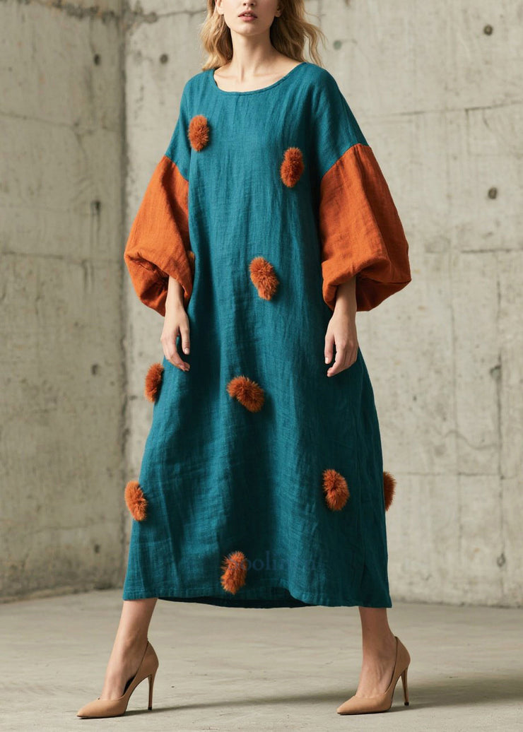 Peacock Blue Patchwork Dresses Oversized Fuzzy Ball Decorated Lantern Sleeve