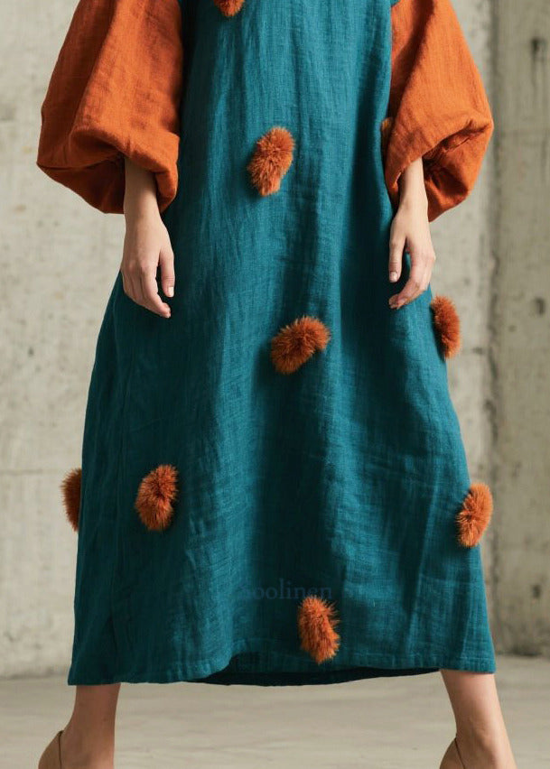 Peacock Blue Patchwork Dresses Oversized Fuzzy Ball Decorated Lantern Sleeve