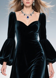 Peacock Blue Patchwork Lace Silk Velvet Evening Dresses Lantern Sleeve