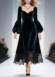 Peacock Blue Patchwork Lace Silk Velvet Evening Dresses Lantern Sleeve