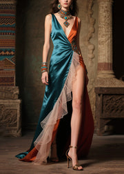 Peacock Blue Patchwork Ruffles Silk Long Dresses Deep-V Neck Summer