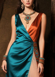 Peacock Blue Patchwork Tulle Party Dress Asymmetrical Side Open Summer