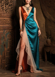 Peacock Blue Patchwork Tulle Party Dress Asymmetrical Side Open Summer
