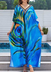 Peacock Blue Print Chiffon Beach Dress Oversized Summer
