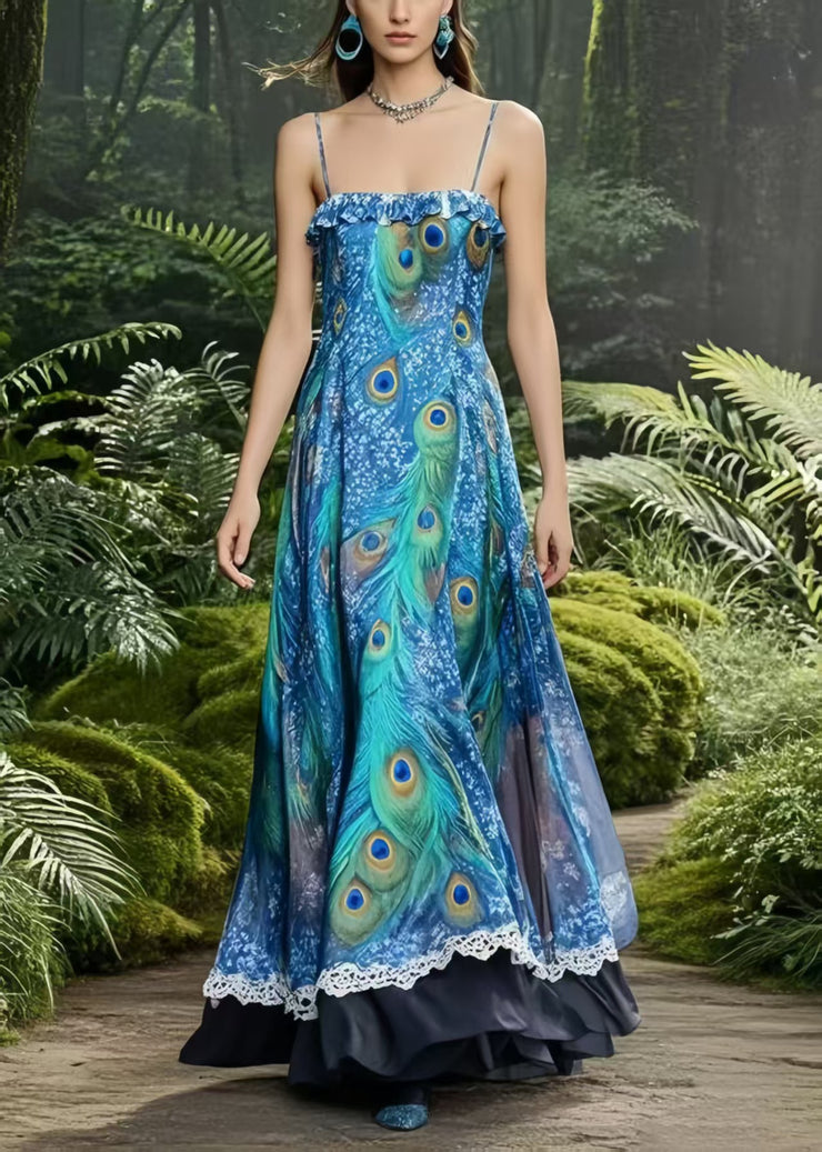 Peacock Blue Print Chiffon Holiday Dress Exra Large Hem Summer