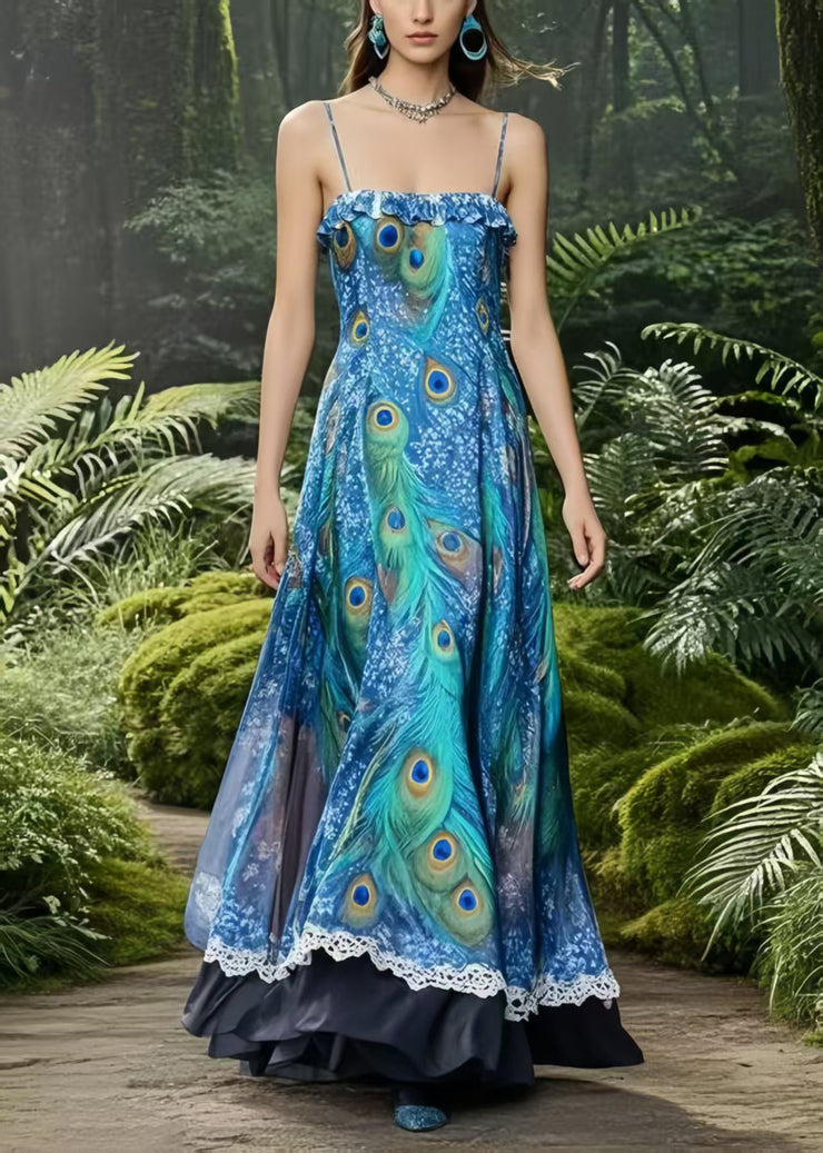 Peacock Blue Print Chiffon Holiday Dress Exra Large Hem Summer