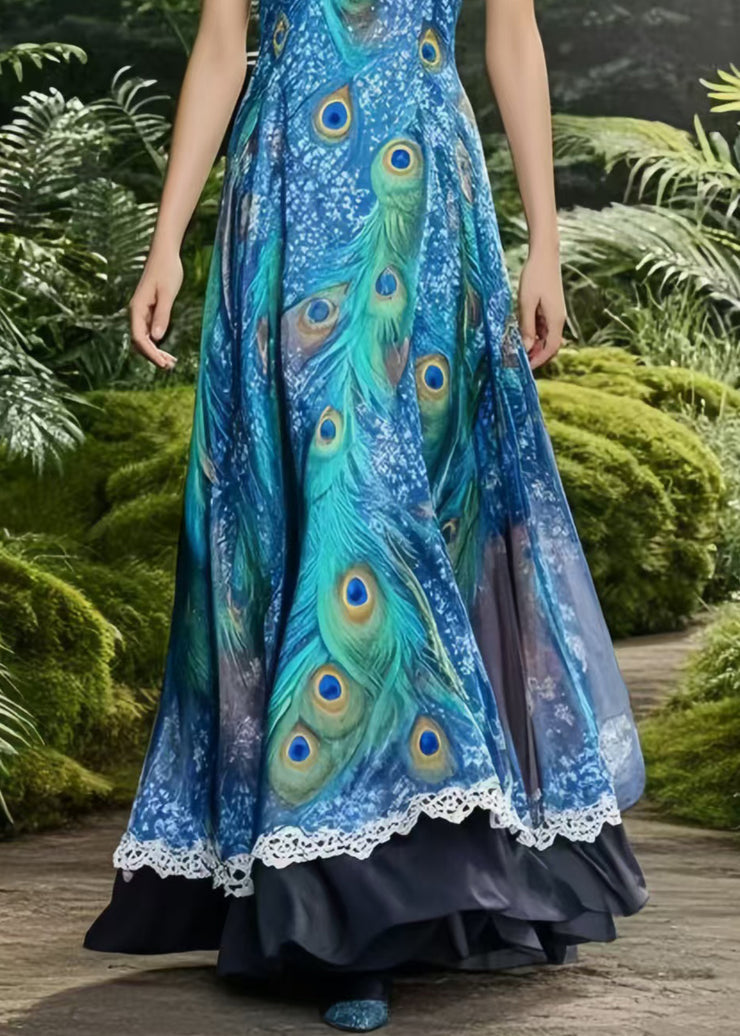 Peacock Blue Print Chiffon Holiday Dress Exra Large Hem Summer