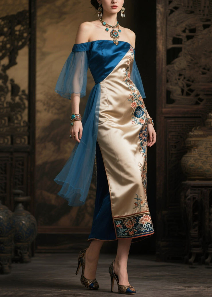 Peacock Blue Tulle Patchwork Print Silk Dresses Backless Summer