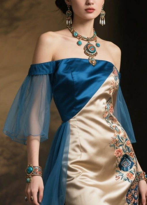 Peacock Blue Tulle Patchwork Print Silk Dresses Backless Summer