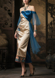 Peacock Blue Tulle Patchwork Print Silk Dresses Backless Summer