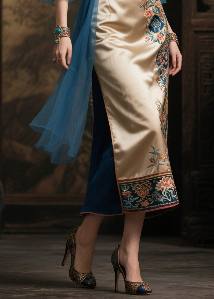 Peacock Blue Tulle Patchwork Print Silk Dresses Backless Summer