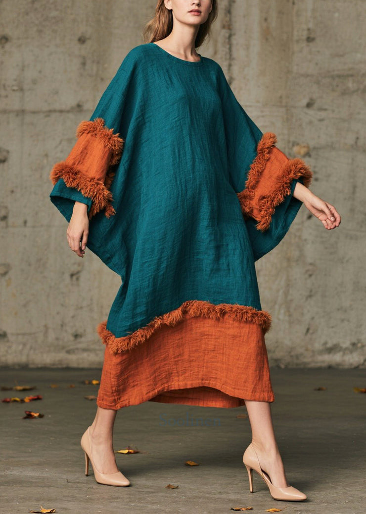 Peacock Green Patchwork Faux Fur Dresses Oversized Batwing Sleeve