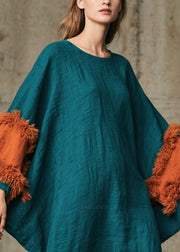 Peacock Green Patchwork Faux Fur Dresses Oversized Batwing Sleeve