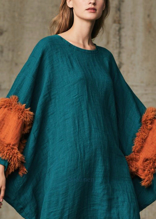 Peacock Green Patchwork Faux Fur Dresses Oversized Batwing Sleeve