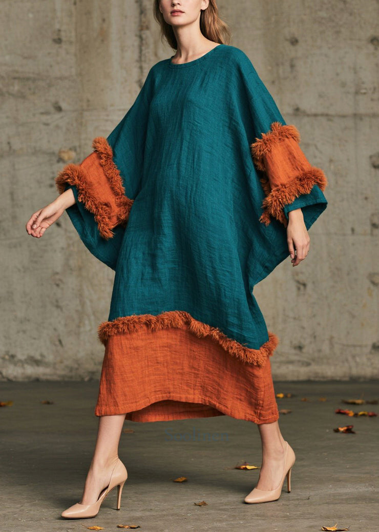 Peacock Green Patchwork Faux Fur Dresses Oversized Batwing Sleeve