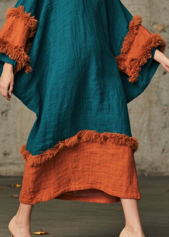 Peacock Green Patchwork Faux Fur Dresses Oversized Batwing Sleeve