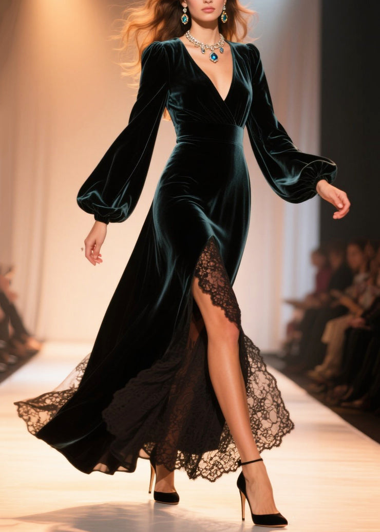 Peacock Green Patchwork Lace Silk Velvet Party Dress Side Open Flare Sleeve