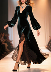 Peacock Green Patchwork Lace Silk Velvet Party Dress Side Open Flare Sleeve