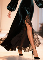 Peacock Green Patchwork Lace Silk Velvet Party Dress Side Open Flare Sleeve