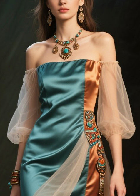 Peacock Green Patchwork Silk Dresses Backless Lantern Sleeve
