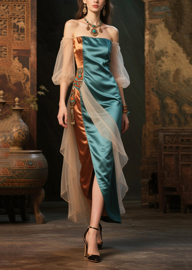 Peacock Green Patchwork Silk Dresses Backless Lantern Sleeve