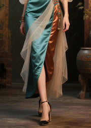 Peacock Green Patchwork Silk Dresses Backless Lantern Sleeve