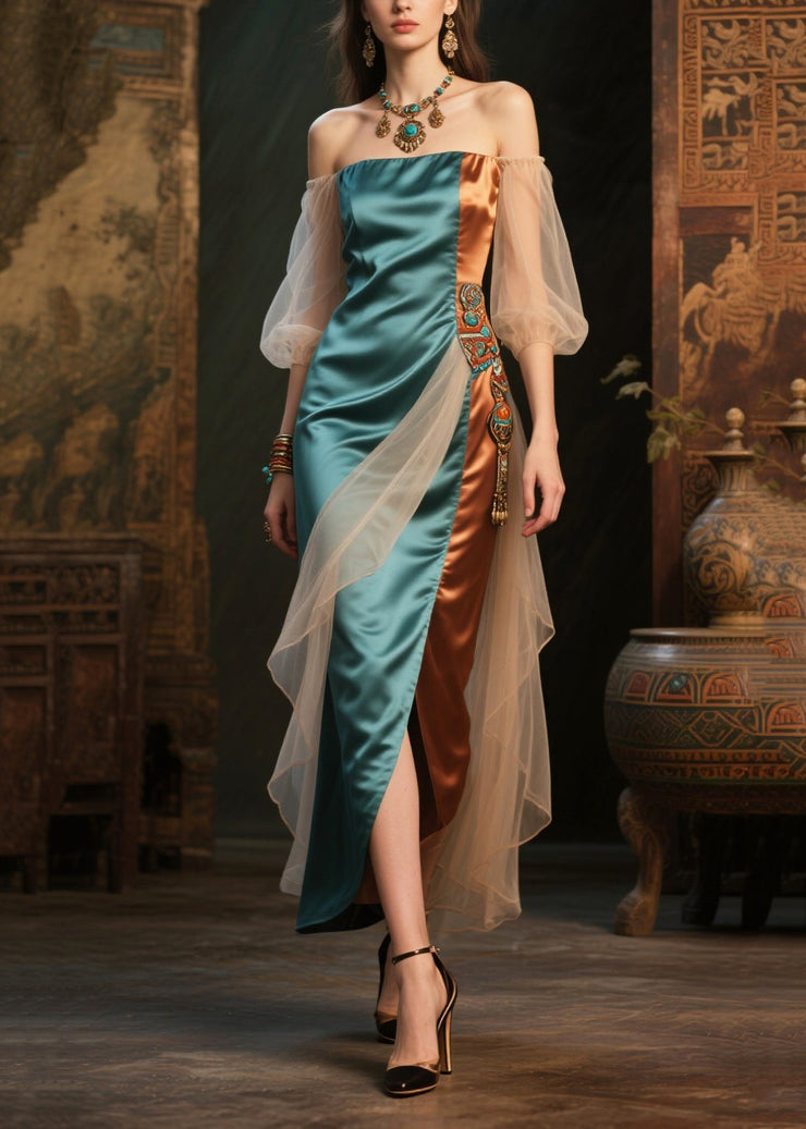 Peacock Green Patchwork Silk Dresses Backless Lantern Sleeve