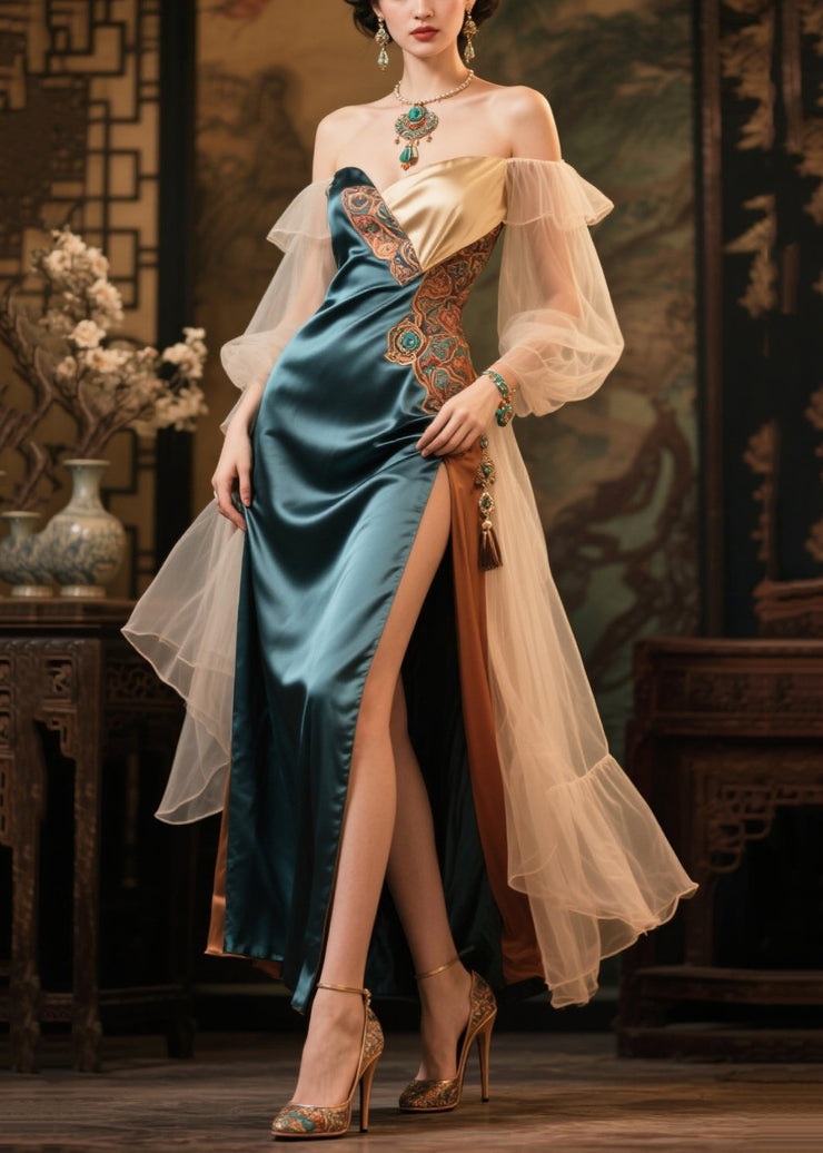 Peacock Green Patchwork Silk Party Dress Cold Shoulder Side Open Summer