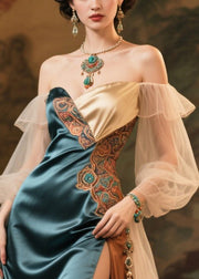 Peacock Green Patchwork Silk Party Dress Cold Shoulder Side Open Summer