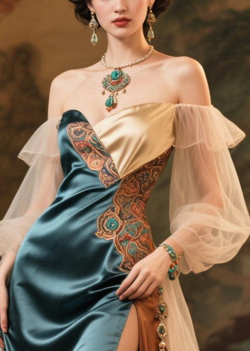 Peacock Green Patchwork Silk Party Dress Cold Shoulder Side Open Summer