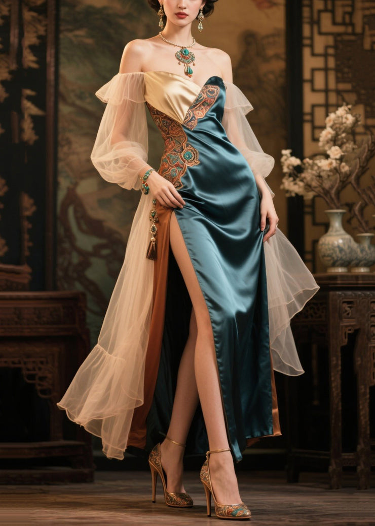 Peacock Green Patchwork Silk Party Dress Cold Shoulder Side Open Summer