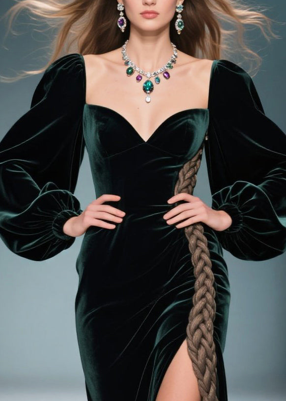 Peacock Green Patchwork Silk Velvet Evening Dress Side Open Spring