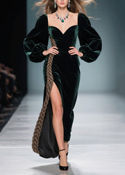 Peacock Green Patchwork Silk Velvet Evening Dress Side Open Spring