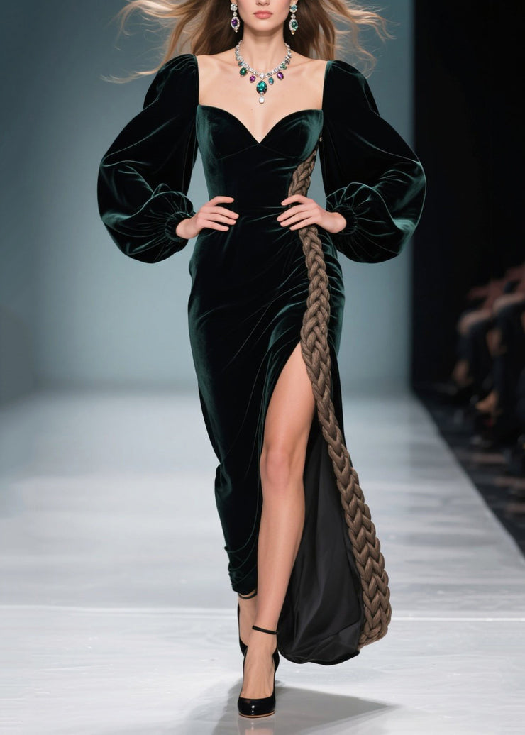 Peacock Green Patchwork Silk Velvet Evening Dress Side Open Spring