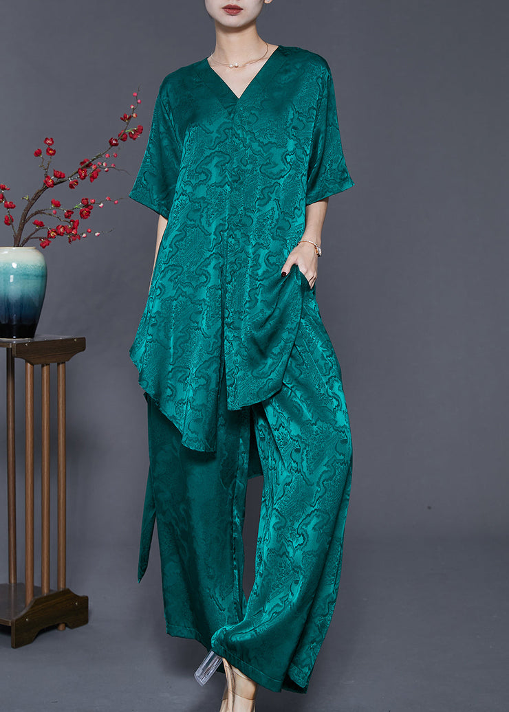 Peacock Green Print Silk Two Piece Set Outfits Asymmetrical Summer