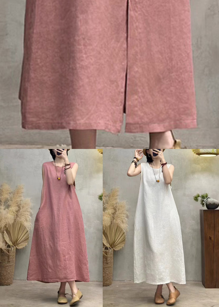 Pink Button Back Side Open Linen Dresses O Neck Summer
