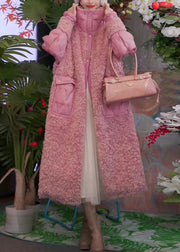 Pink Button Pockets Patchwork Duck Down Coats Stand Collar