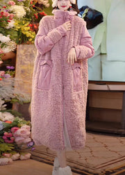 Pink Button Pockets Patchwork Duck Down Coats Stand Collar