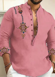 Pink Button Print Cotton Oversized Men Shirts Stand Collar Fall